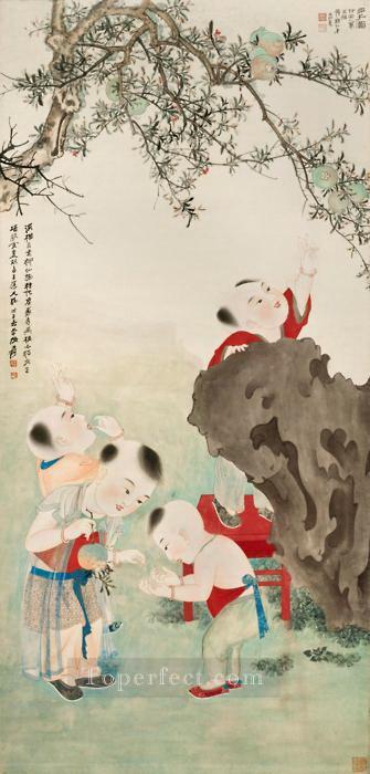 Chang dai chien children playing under a pomegranate tree 1948 old Chinese Oil Paintings